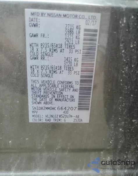 2017 Nissan Pathfinder S из США, поврежденный, VIN 5N1DR2MM0HC664207